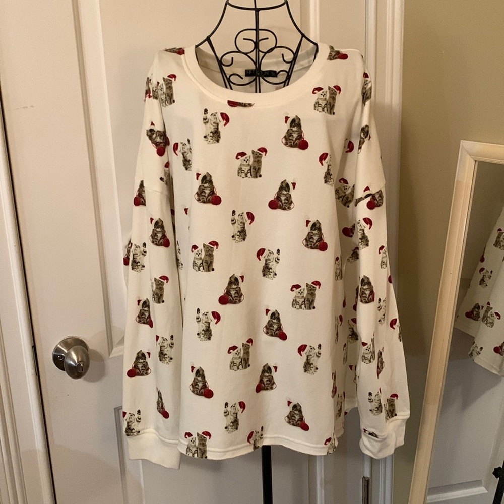 Fifth-Sun white w/kittens with Santa hats scoop-neck sweatshirt size 3x